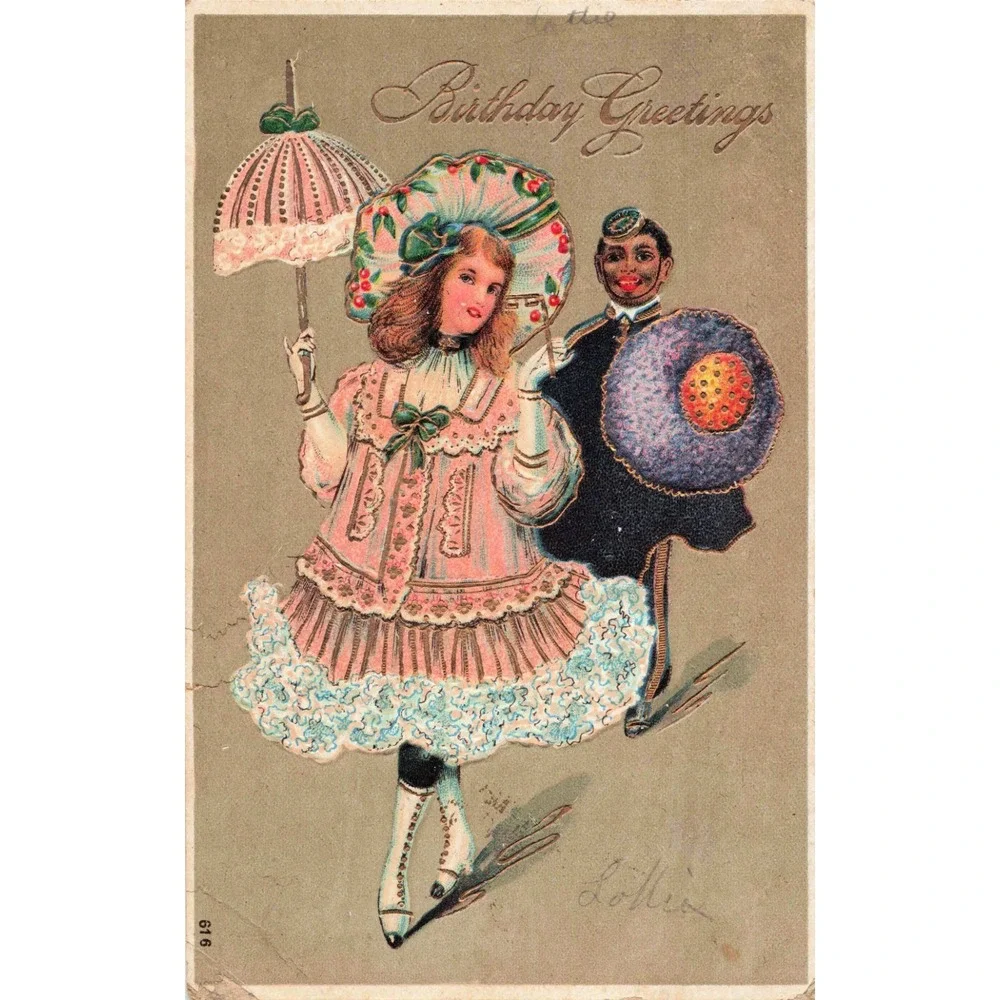 Antique 1908 Birthday Greetings Postcard Girl Parasol Embossed Made in Germany